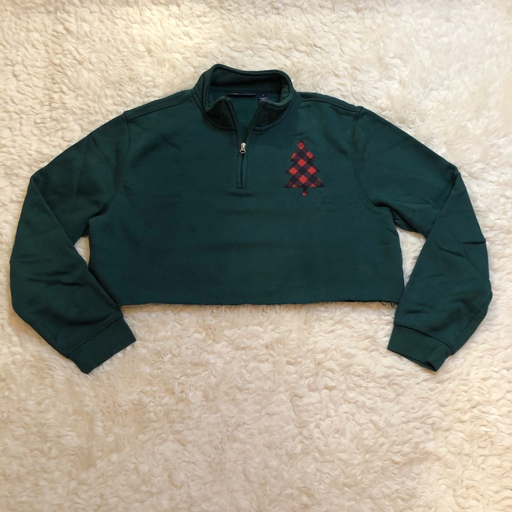 Dark Green Cropped Quarter Zip with Red Plaid Tree